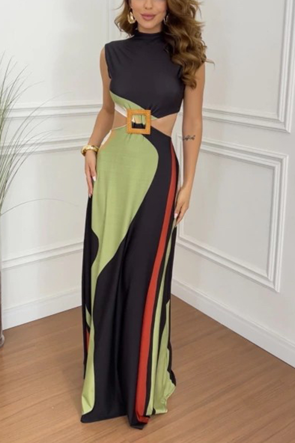 Bettie Printed High Neck Square Buckle Cutout Waist Maxi Dress-consonak