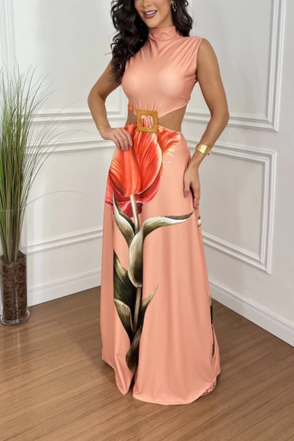 Bettie Printed High Neck Square Buckle Cutout Waist Maxi Dress-consonak