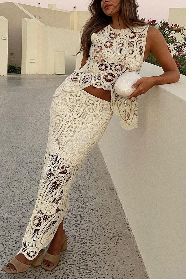 Summer Getaway Look Crochet Lace Elastic Waist Irregular Hem Maxi Skirt-consonak