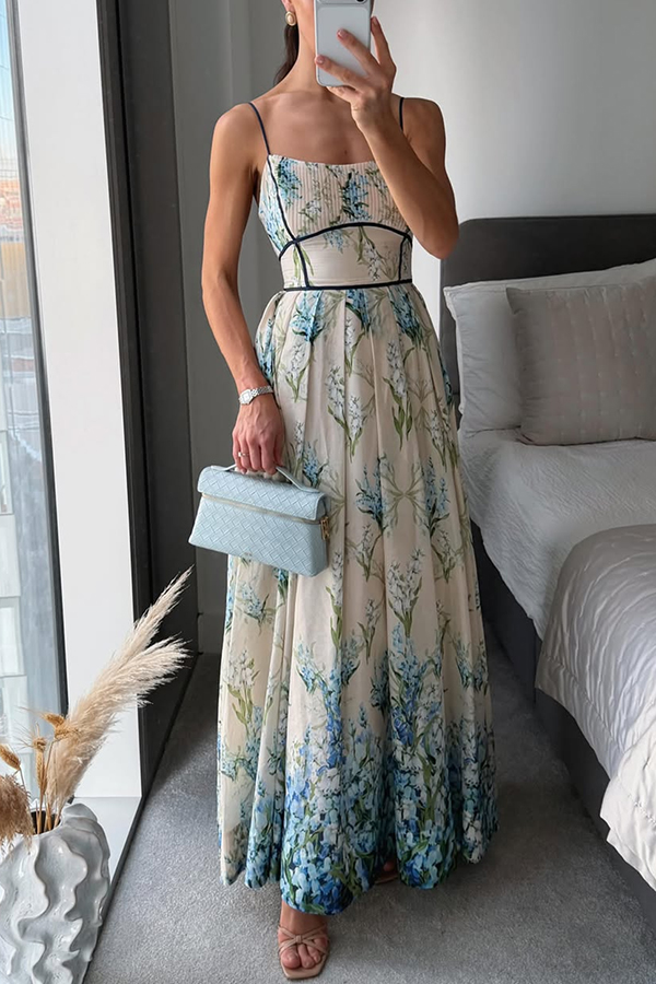 Shari Linen Blend Floral Print Colorblock Strappy Pocket Maxi Dress