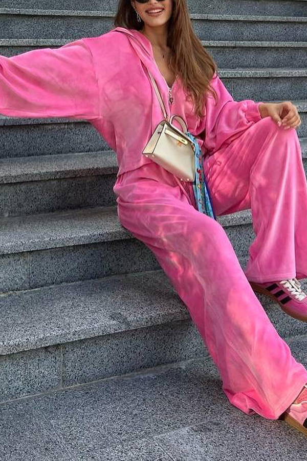 Velvet Casual Zip-up Hooded Top and Elastic Waist Wide Leg Pants Set-consonak