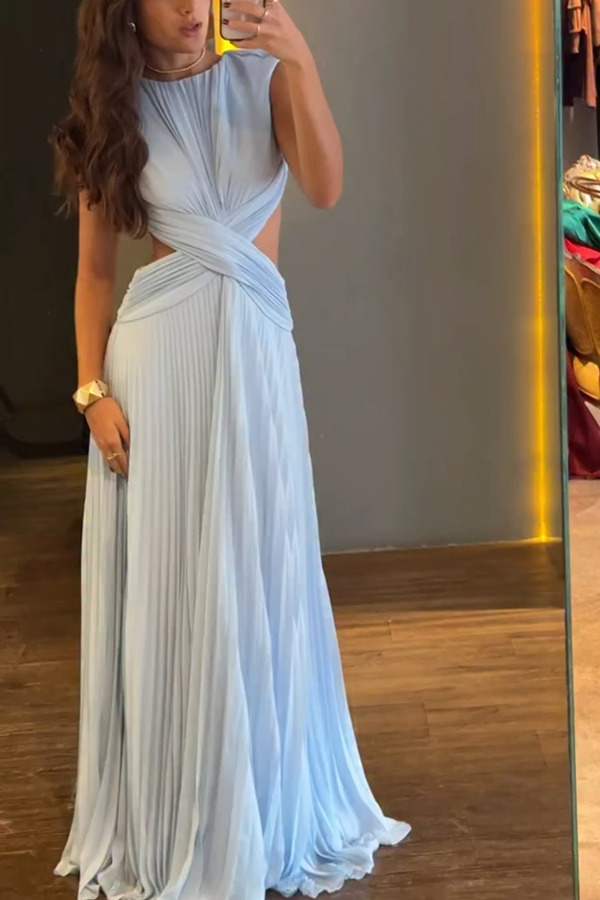Tamia Pleated Chiffon Fabric Crossover Cutout Waist Open Back Maxi Dress-consonak