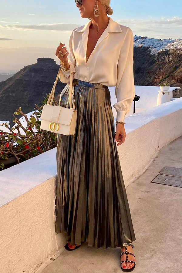 Fashionable Metallic Pleated Back Elastic Waist Maxi Skirt-consonak