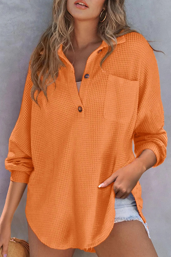 Solid Color Waffle Loose Casual Knitted Pocket Top-consonak