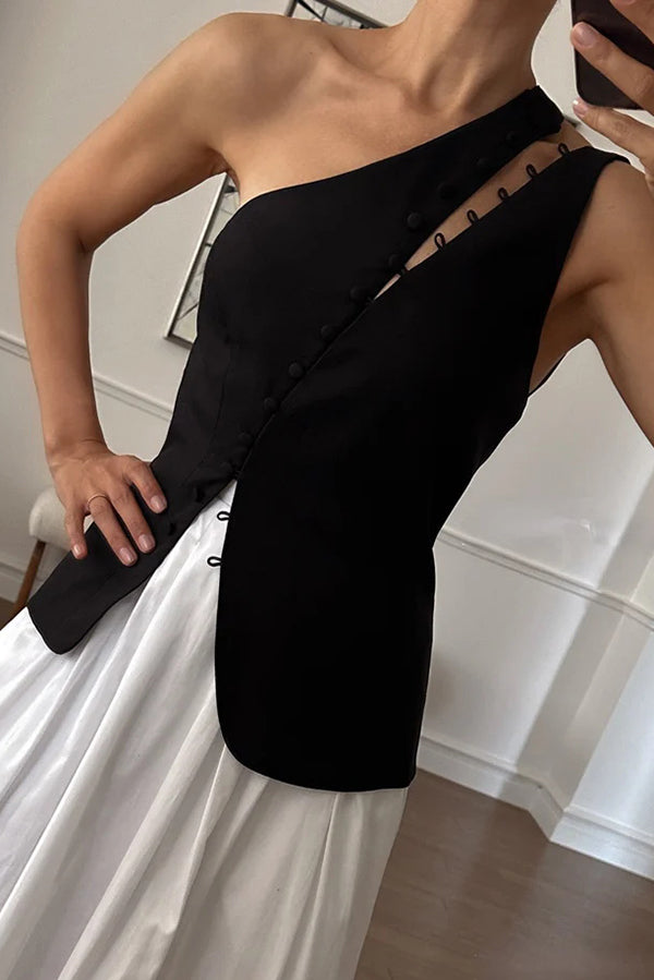Full of Design Solid Color One Shoulder Asymmetric Slit Button Casual Vest-consonak