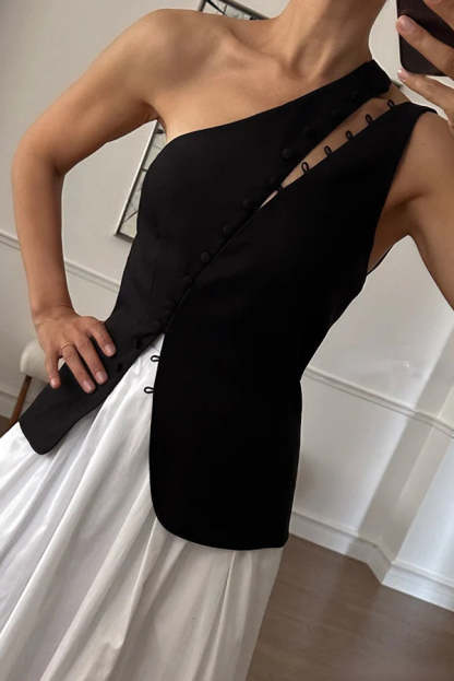 Full of Design Solid Color One Shoulder Asymmetric Slit Button Casual Vest-consonak