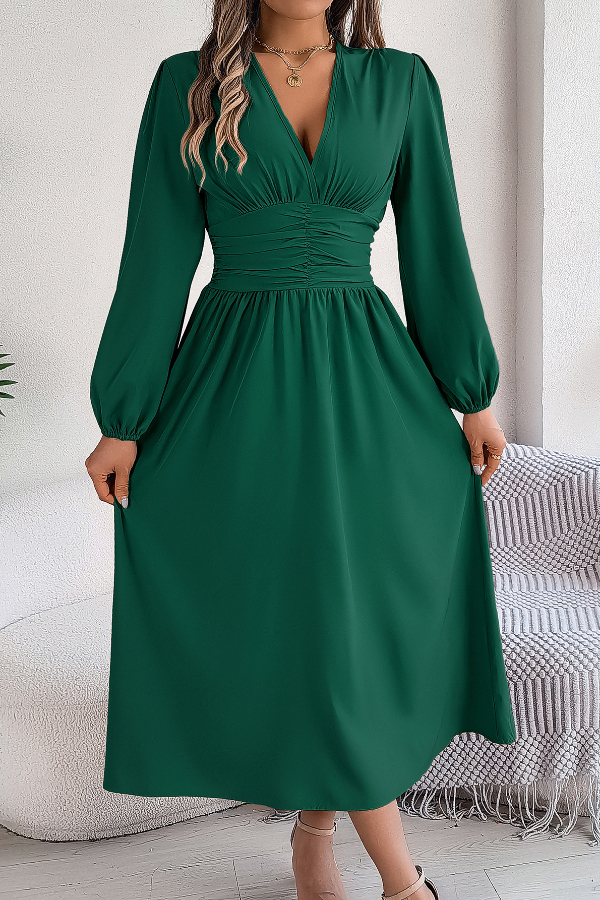 Solid Color V-neck Long-sleeved Fitted Waist Slit Elegant Midi Dress-consonak