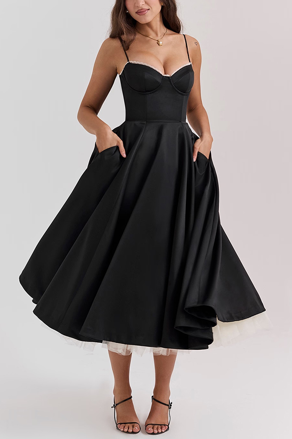 Fairytale Vibe Satin Patchwork Tulle Sweetheart Neck Pocket Stretch Midi Dress-consonak