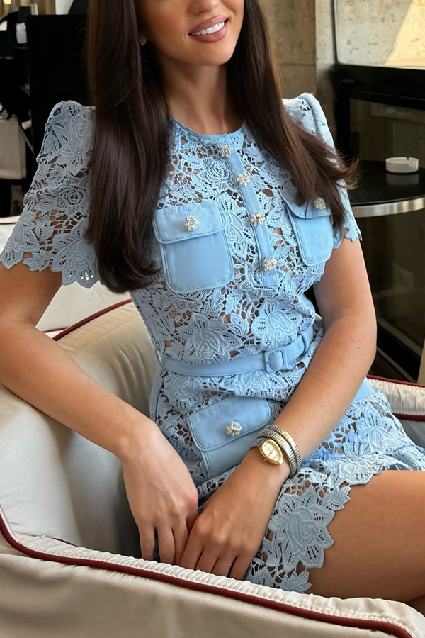 Luxury Beauty Embroidered Floral Lace Jewel Buttons Pocket Belted Mini Dress-consonak