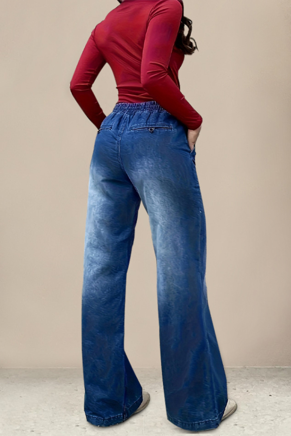 Stylish Elastic Waist Drawstring Pocket Casual Straight Wide-leg Jeans
