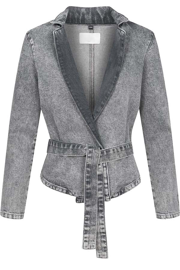 Casual Meetup Denim Stand Neck Long Sleeve Belted Loose Jacket-consonak