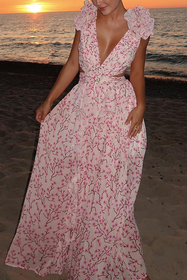 Lost in The Melody Chiffon Printed Flutter Sleeve Cutout Back Lace-up Maxi Dress-consonak
