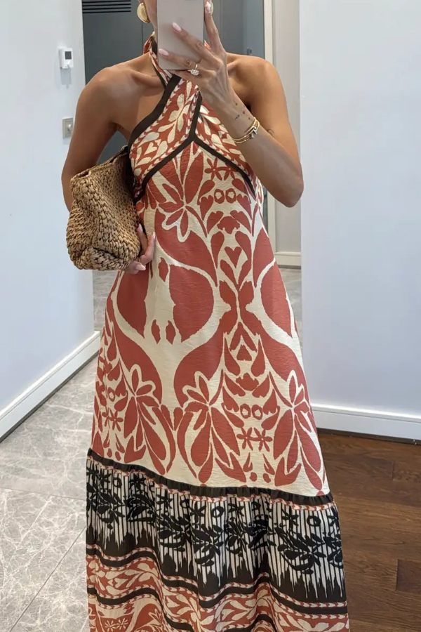 Bohemian Style Unique Print Halter Neck Casual Vacation Maxi Dress