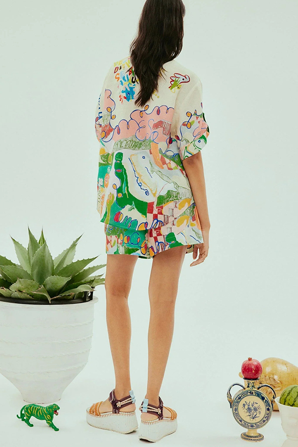 Miena Linen Blend Unique Print Short Sleeve Button Up Oversized Shirt-consonak
