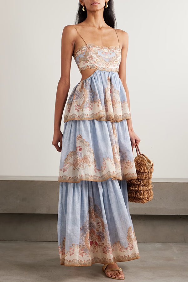 Daylight Unique Print Cutout Waist Back Lace-up Tiered Hem Maxi Dress