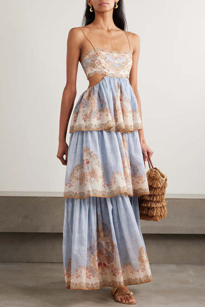 Daylight Unique Print Cutout Waist Back Lace-up Tiered Hem Maxi Dress