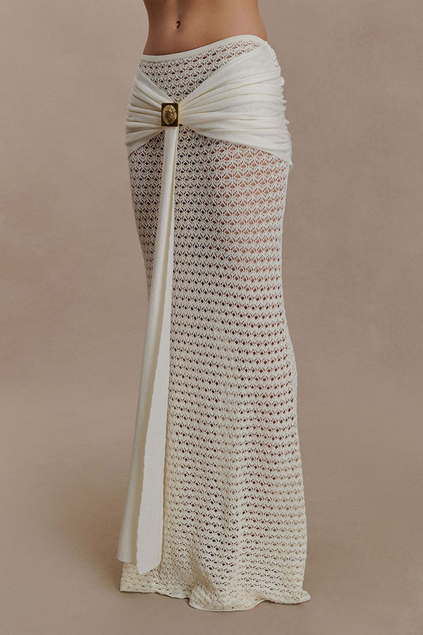 Mania Knit Hardware Detail Bell Sleeve Crop Top and Gathered Overlay Sash Stretch Maxi Skirt Set-Consonak