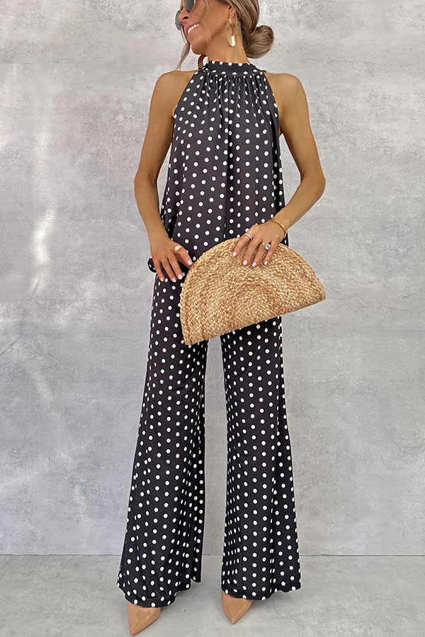 Imanie Polka Dot Print Back Tie-up Tank and Elastic Waist Wide Leg Pants Set-consonak