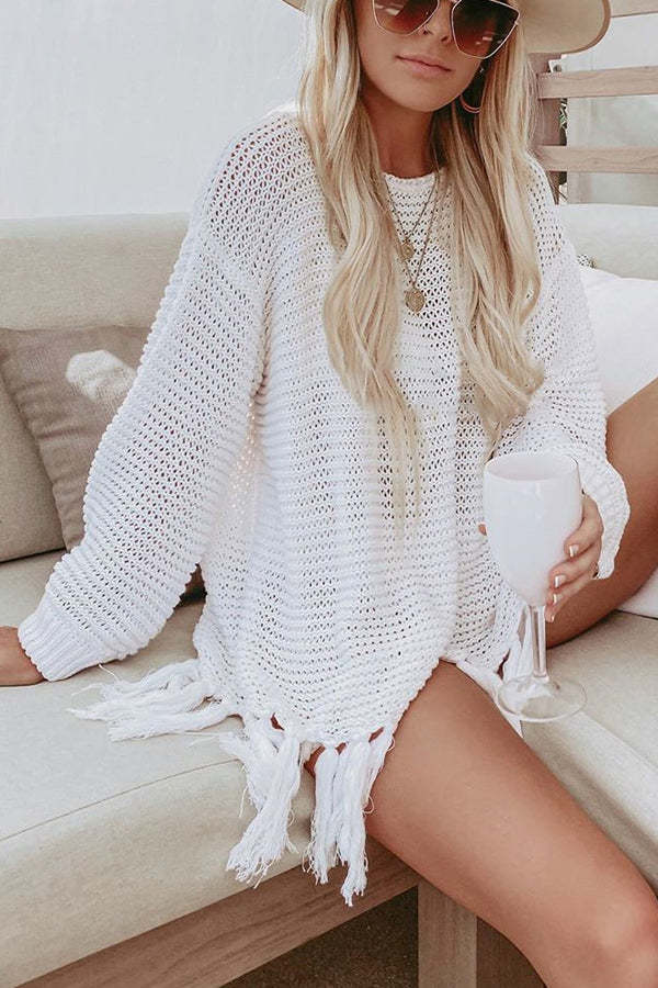 Easy Breezy Knit Long Sleeve Tassel Cover Up-consonak