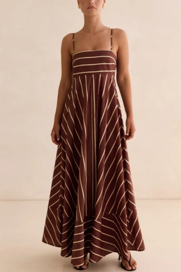Striped Print Square Neck Spaghetti Strap High Waist Casual Maxi Dress