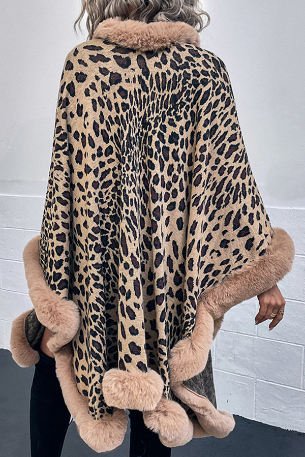 Leopard Print Fashionable Raw Edge Shawl Cape Cardigan-consonak