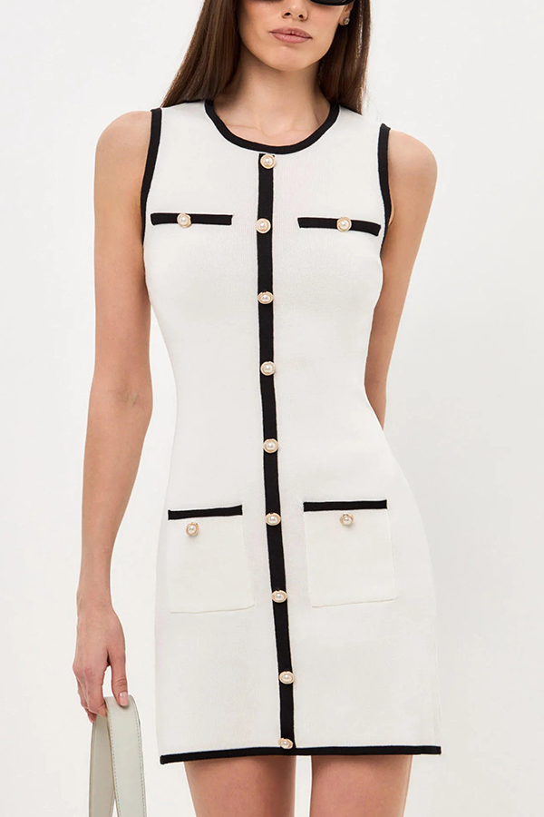 Elegant Sleeveless Round Neck Pearl Button Knitted Mini Dress-consonak