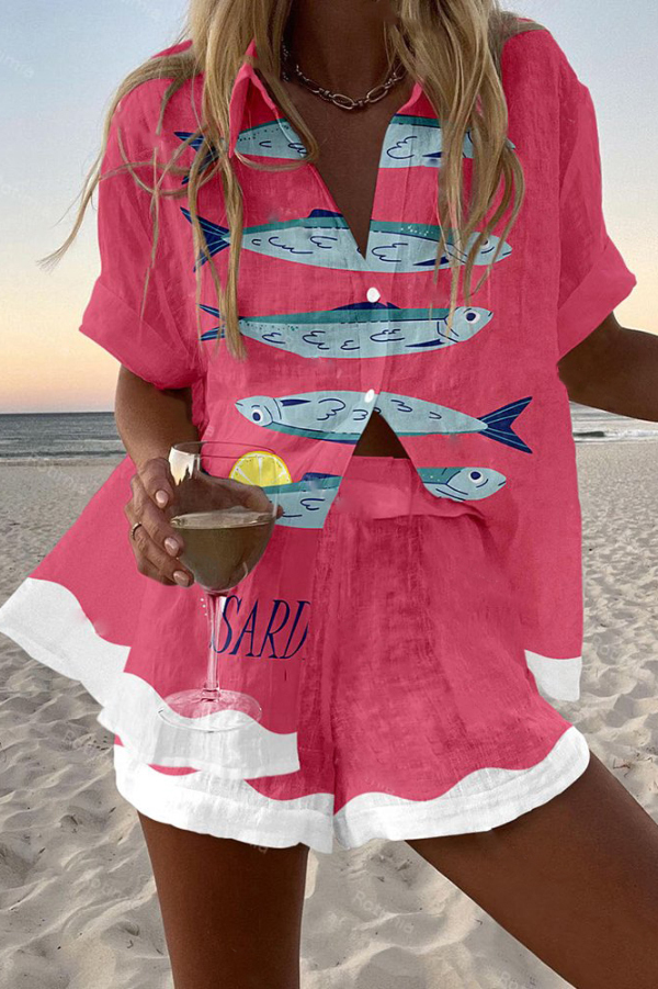 Sardine Print Loose Button Elastic Waist Shorts Set