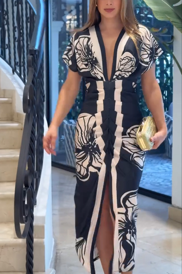 Brazilian Style Unique Print Dolman Long Sleeve Ruched Slit Midi Dress  Vestidos-consonak