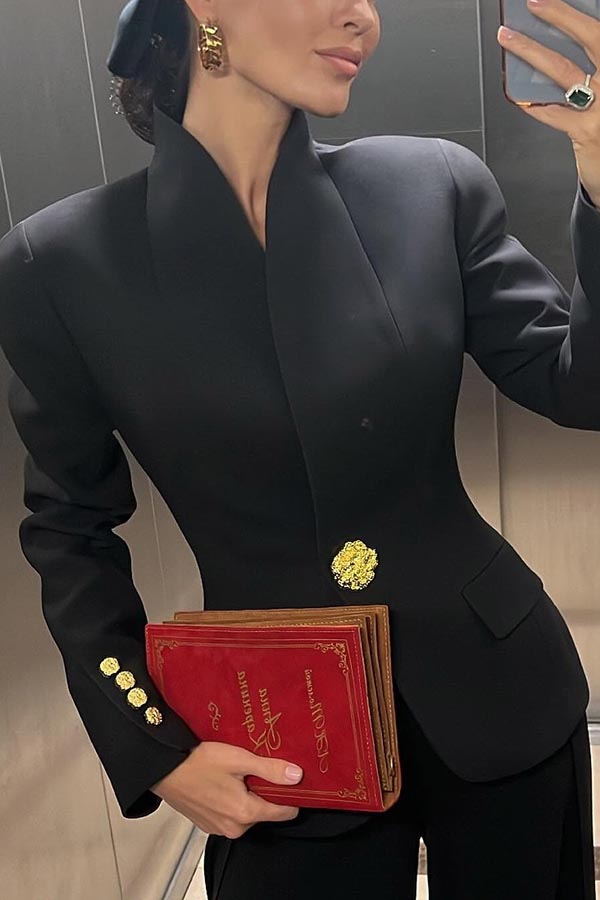 Classic Luxury Unique Metal Button Stand Collar Long Sleeve Jacket-consonak