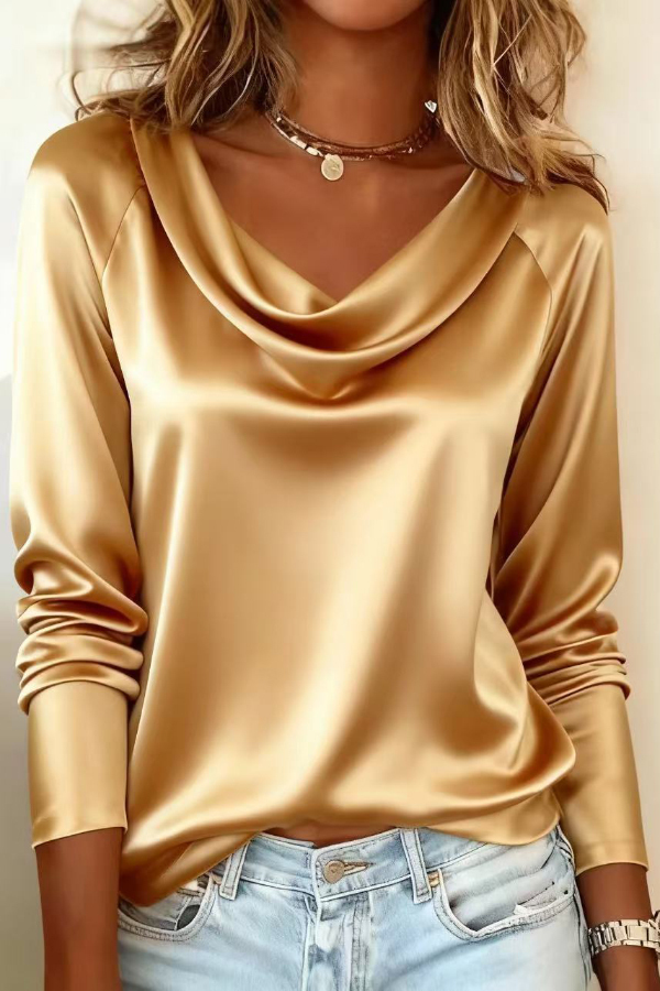 Solid Color Satin Casual Long-sleeved Draped Shirt-consonak
