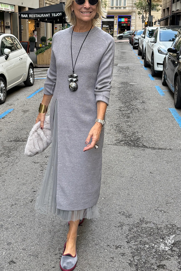 Jollie Knit Long Sleeve Front Slit Midi Sweater and Pleated Tulle Stretch Tank Midi Dress Two-piece Set-Consonak