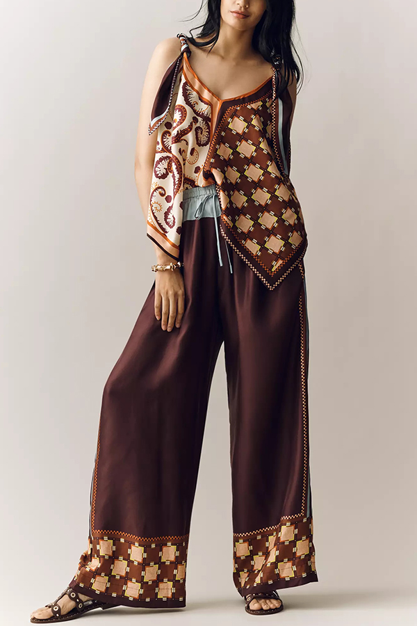 Wilson Satin Unique ColorBlock Print Scarf Top and Elastic Waist Pocket Wide Leg Pants Set-consonak