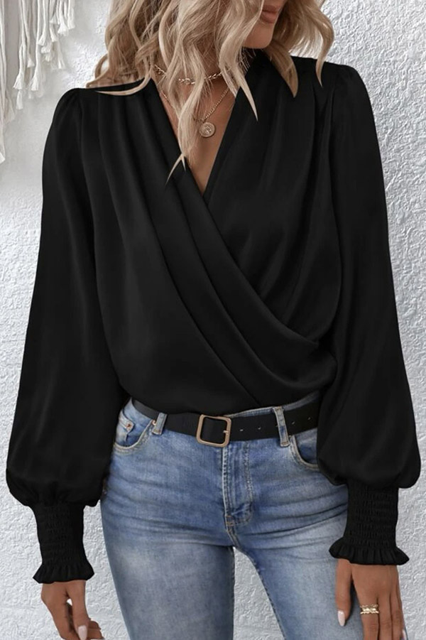 Satin Solid Color V-neck Lantern Sleeve Elegant Loose Shirt-consonak