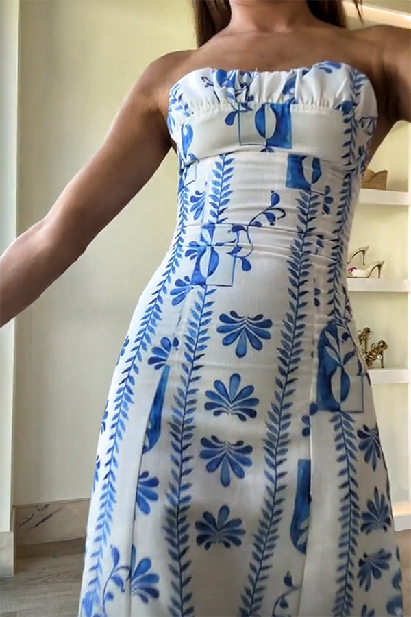 Freya Linen Blend Floral Wave Print Ruched Bust Strapless Maxi Dress-consonak