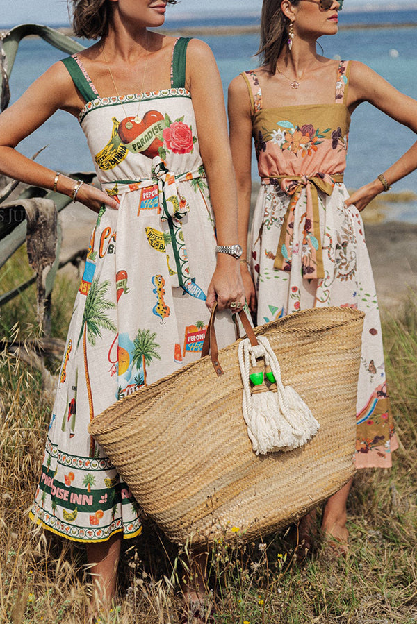 Summer Vibes Linen Blend Unique Print Smocked Belt Midi Dress-consonak