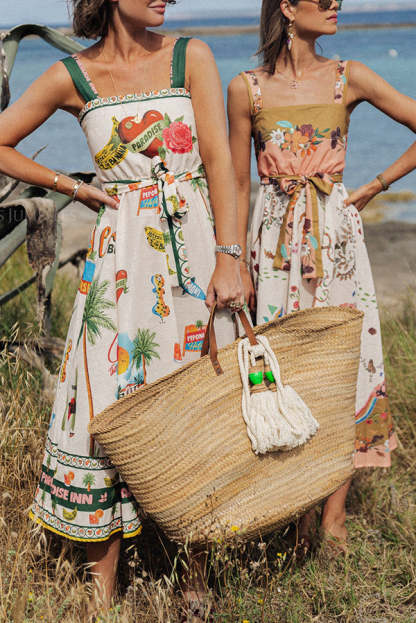 Summer Vibes Linen Blend Unique Print Smocked Belt Midi Dress-consonak