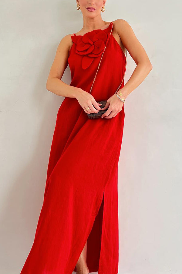 Vacay Ready Linen Blend Floral Embellishment Pocketed Slit Maxi Dress | Consonak