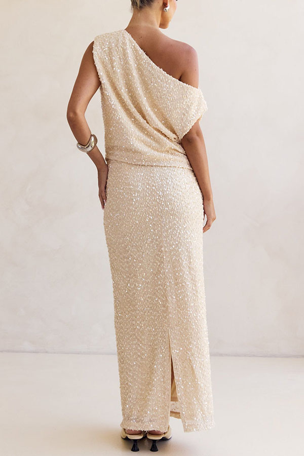 Milla Knit Sequin Asymmetrical Neck Draped Loose Top-consonak