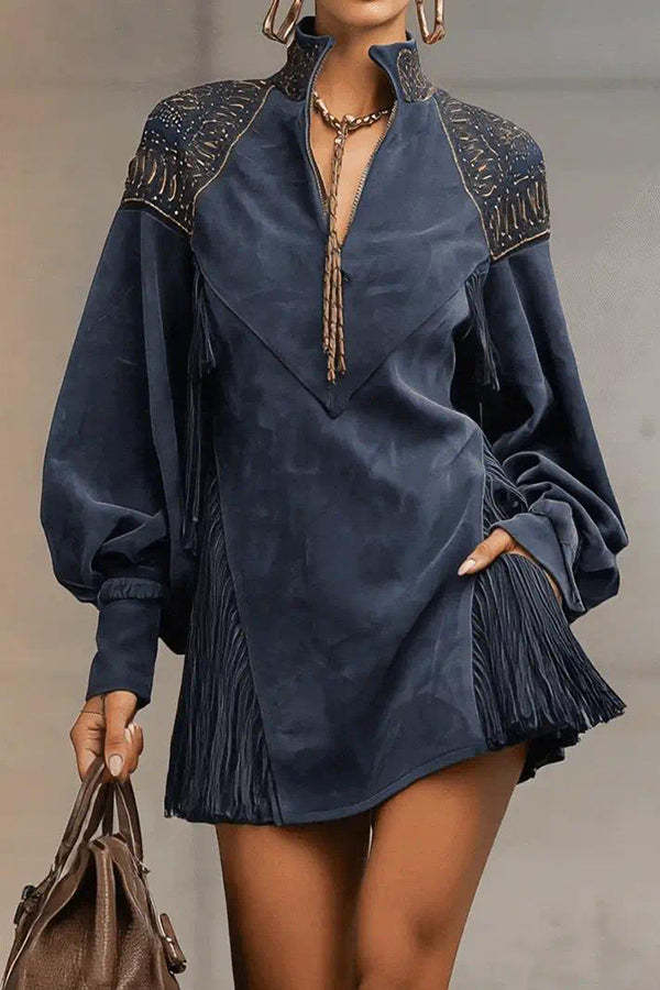 Stylish Suede V-neck Long-sleeved Tassel Loose Mini Dress-consonak