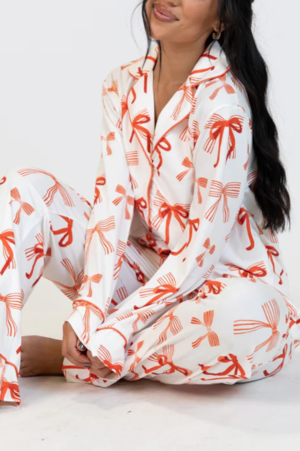 Christmas Bow Print Long Sleeve Shirt and Elastic Waist Pocket Pants Set-consonak