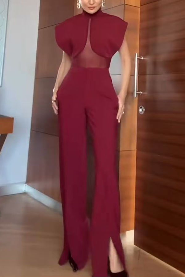 Vita Mesh Patchwork High Neck Wide Sleeve Bodysuit and High Rise Pocket Slit Pants Set-consonak