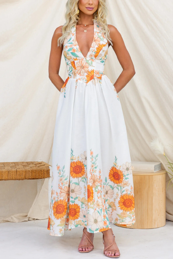 Sunflower Print V-neck Fitted Waist Elegant Maxi Dress