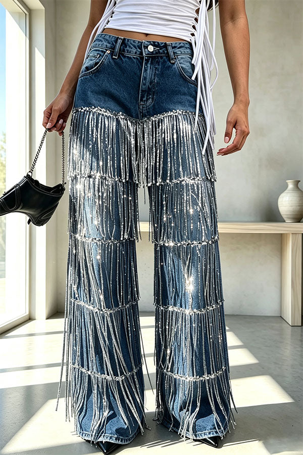 Nightclub Style Denim Metallic Tassel High Rise Pocket Wide Leg Jeans-Consonak