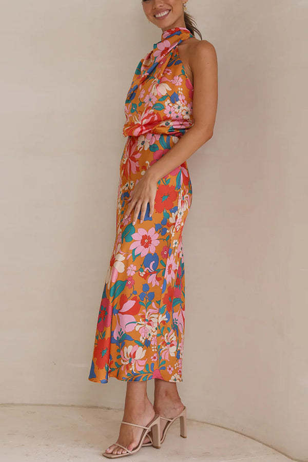 Fascinating Day Floral Halter Neck Elastic Waist Maxi Dress-consonak