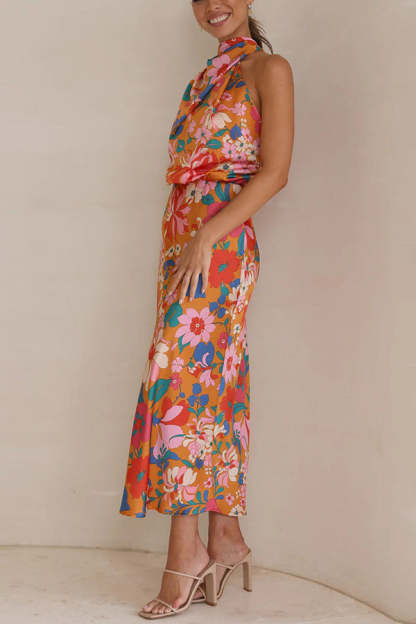 Fascinating Day Floral Halter Neck Elastic Waist Maxi Dress-consonak