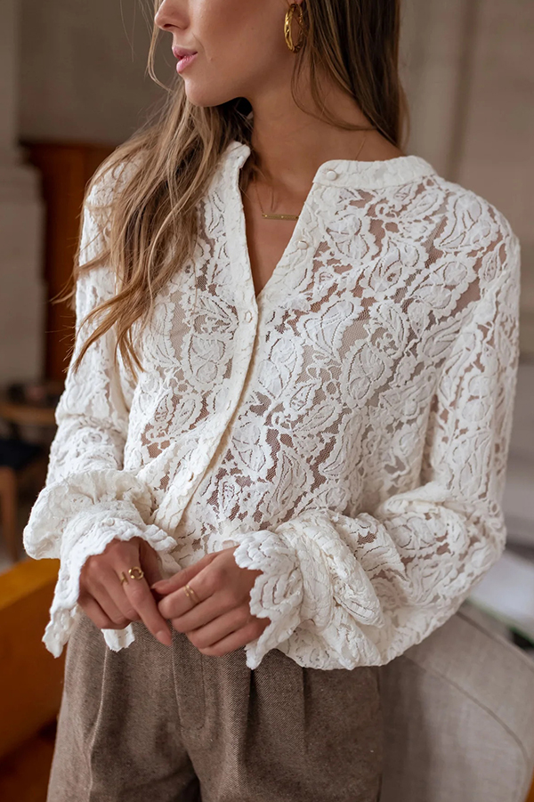 Fashionable Lace Long-sleeved Casual Button-down Shirt-consonak