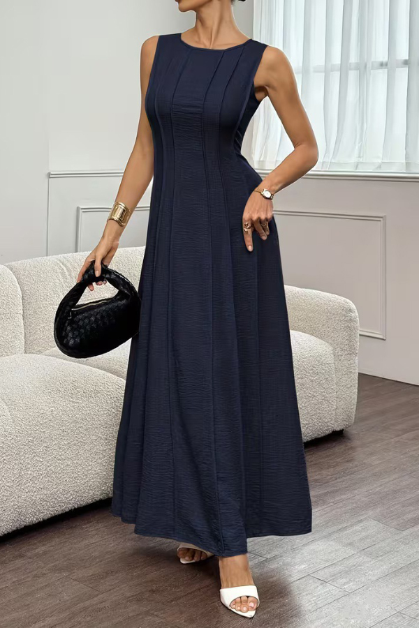 Solid Color Round Neck Sleeveless Elegant Pleated Casual Maxi Dress | Consonak