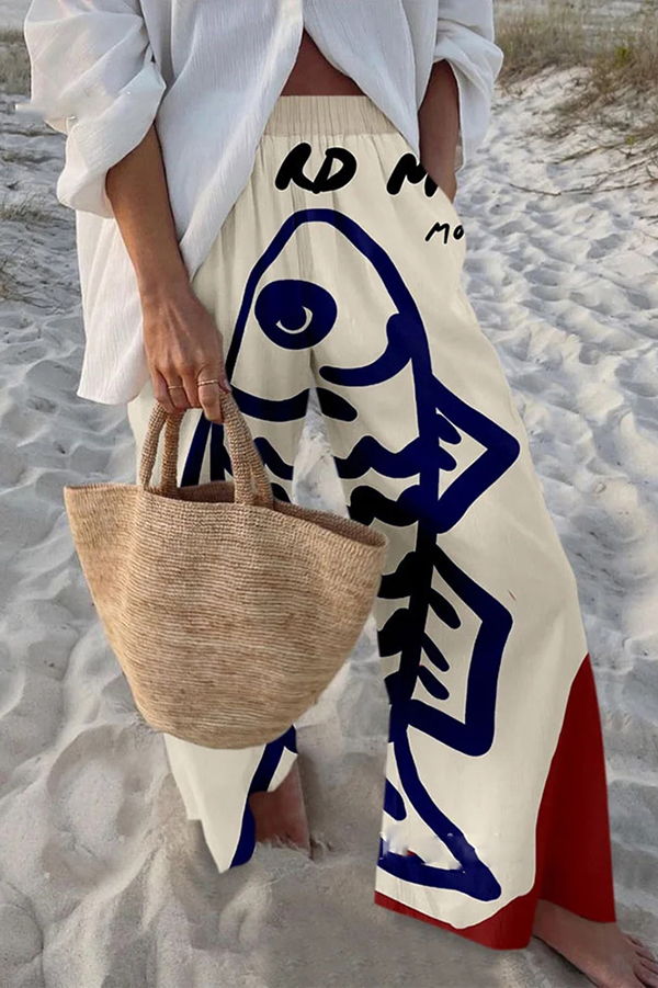 Unique Marine Print Elastic Waist Loose Pocket Pants-consonak