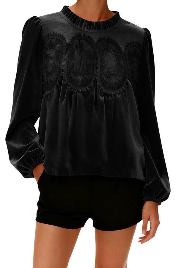 Fashionable Velvet and Lace Patchwork Loose Long-sleeved Top-consonak