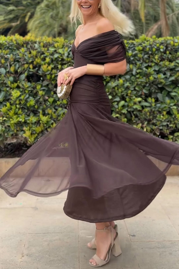 Unique Printed V-Neck Waisted Mesh Holiday Maxi Dress-consonak